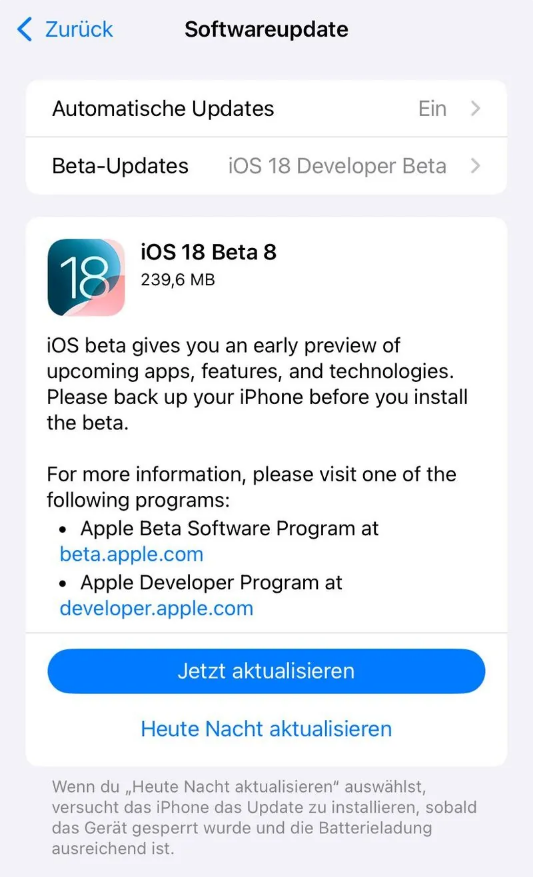 内蒙古苹果手机维修分享苹果 iOS / iPadOS 18 开发者预览版 Beta 8 发布 